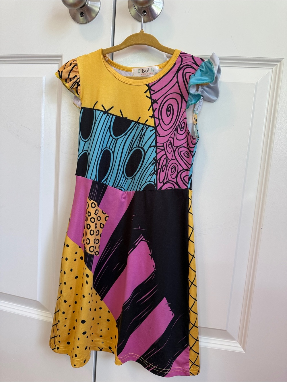 Colorblock Flutter-Sleeve Kids Dress in Yellow, Pink, Teal & Black - Picture 1 of 3